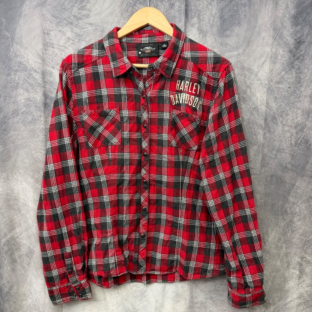 Harley-Davidson Womens 2XL Red Plaid Flannel Button Down Back Graphic Shirt